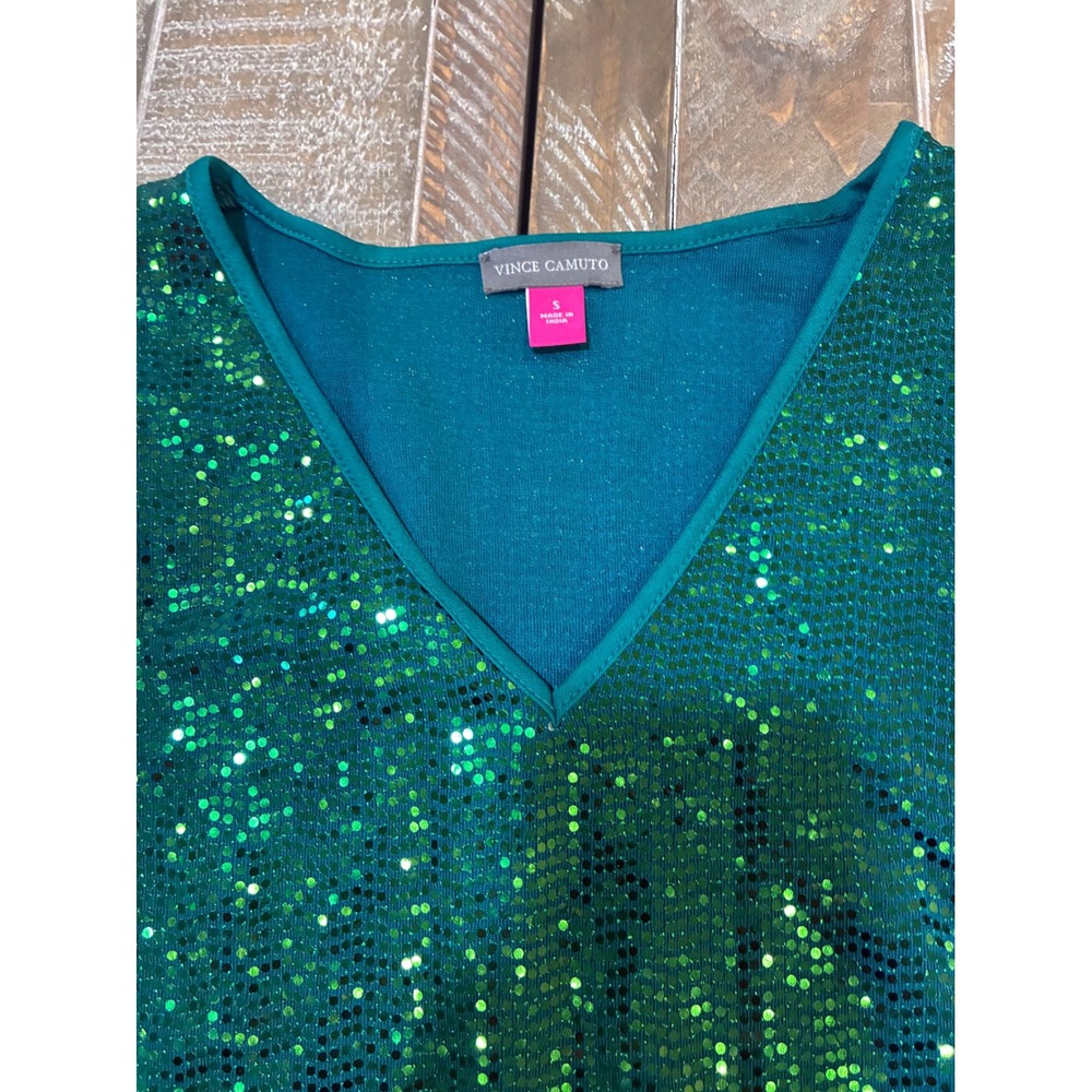 Confetti Ready Luxury Sequin V-Neck Bell Sleeve Disco Top Emerald Green Sm - Picture 3 of 7